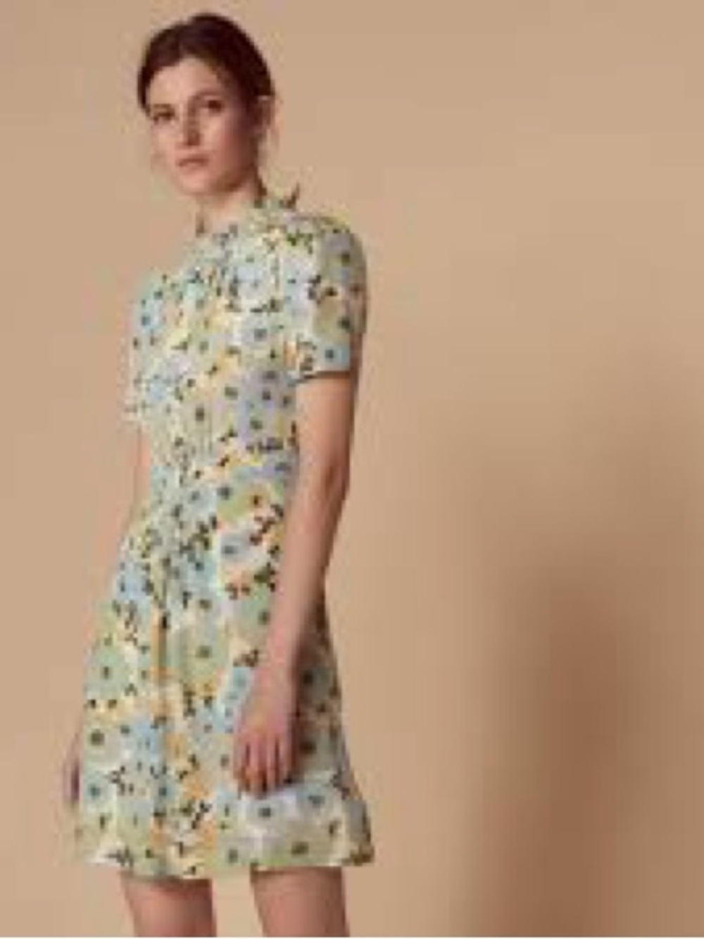 Sandro Floral Short-Sleeve Mini Dress in Light Blue and Yellow